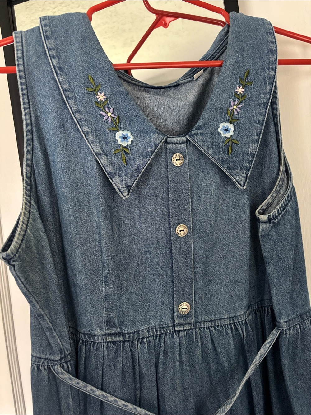 FADED GLORY VTG Denim Sleeveless Dress Embroidered Floral Collar Cottagecore L
